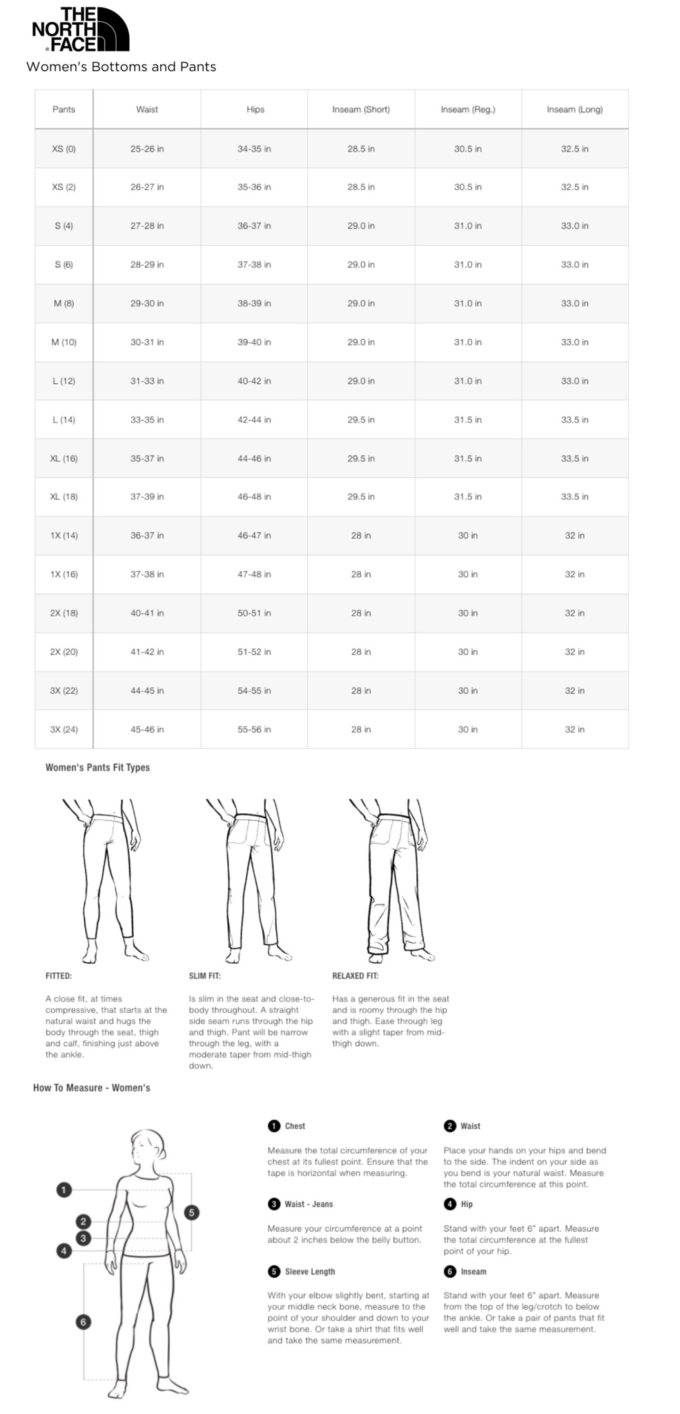 TNF Women's Bottom and Pants Size Chart 2021-22